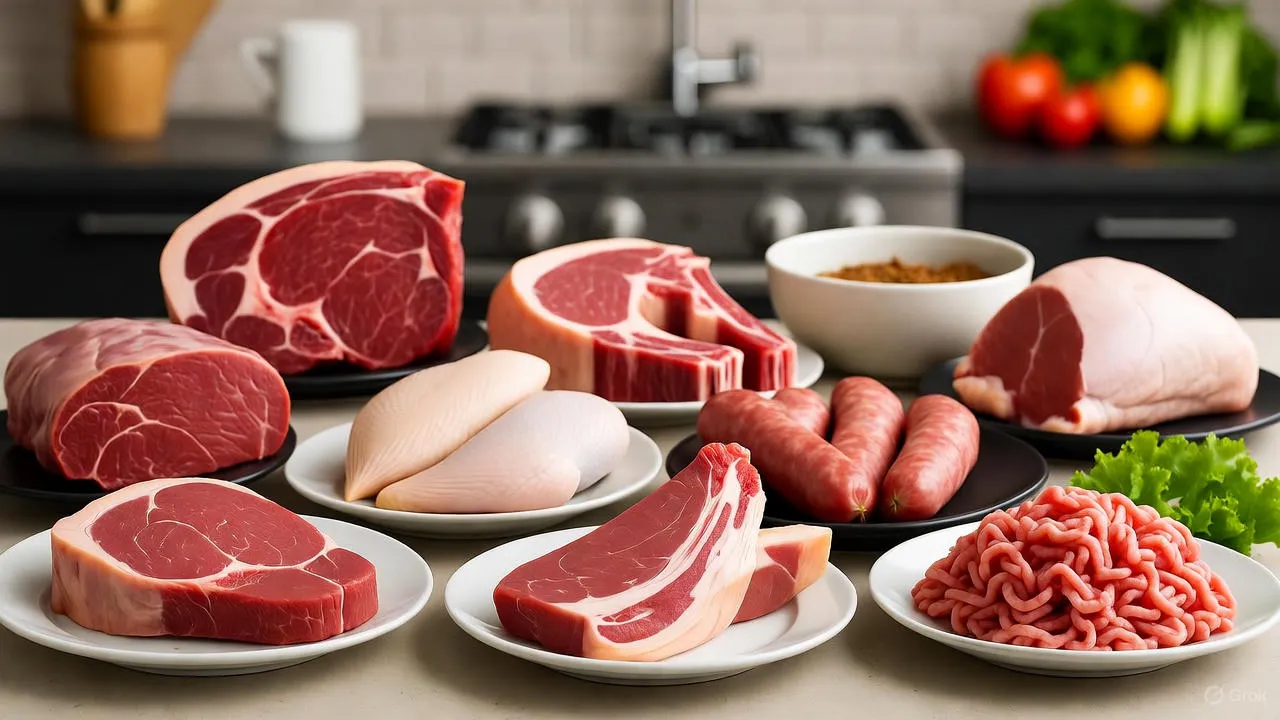 High-quality cuts of beef and salmon on a wooden cutting board