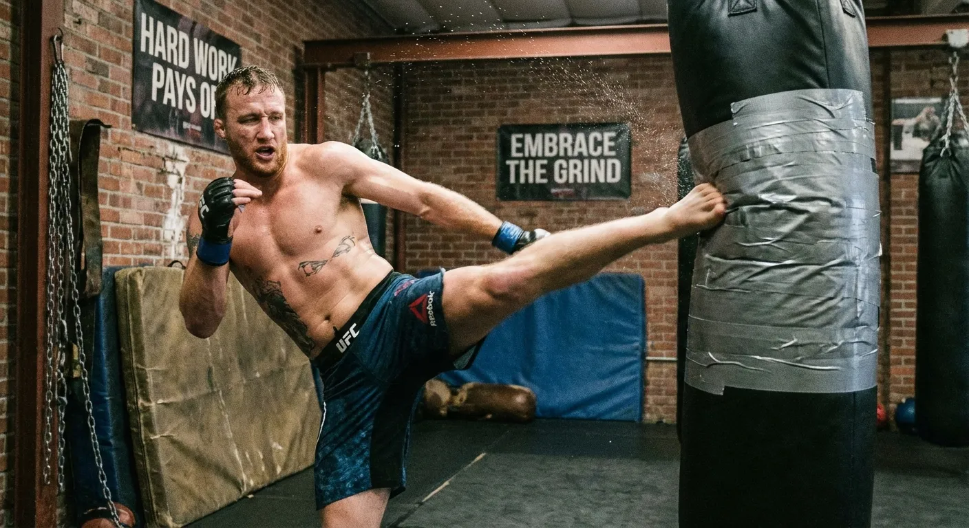 Justin Gaethje throwing a leg kick during training camp at his Arizona gym