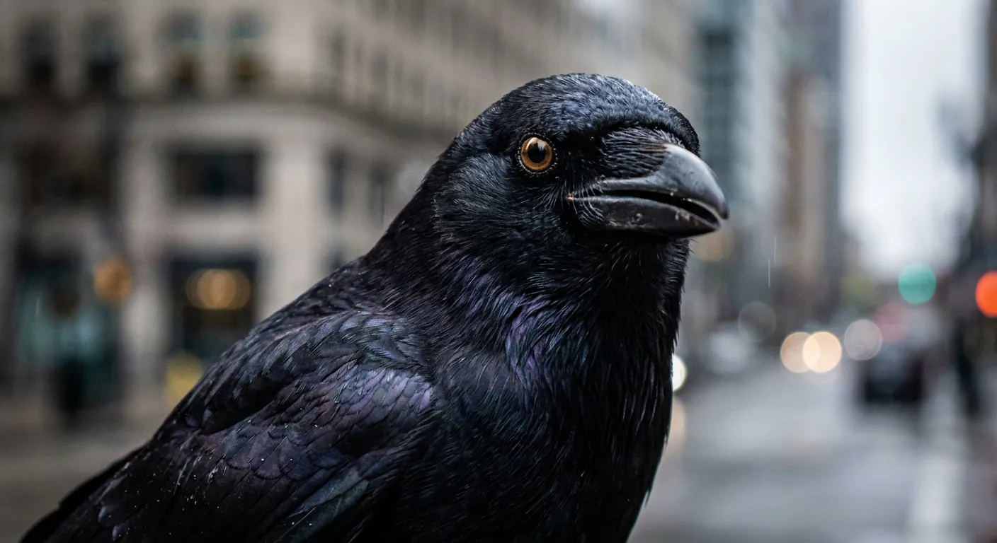 Close-up of a crow with intelligent dark eyes against blurred urban background
