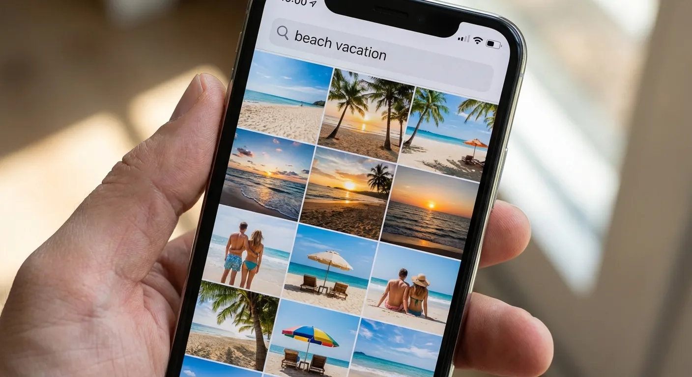 Smartphone screen showing AI-powered photo search finding beach vacation pictures