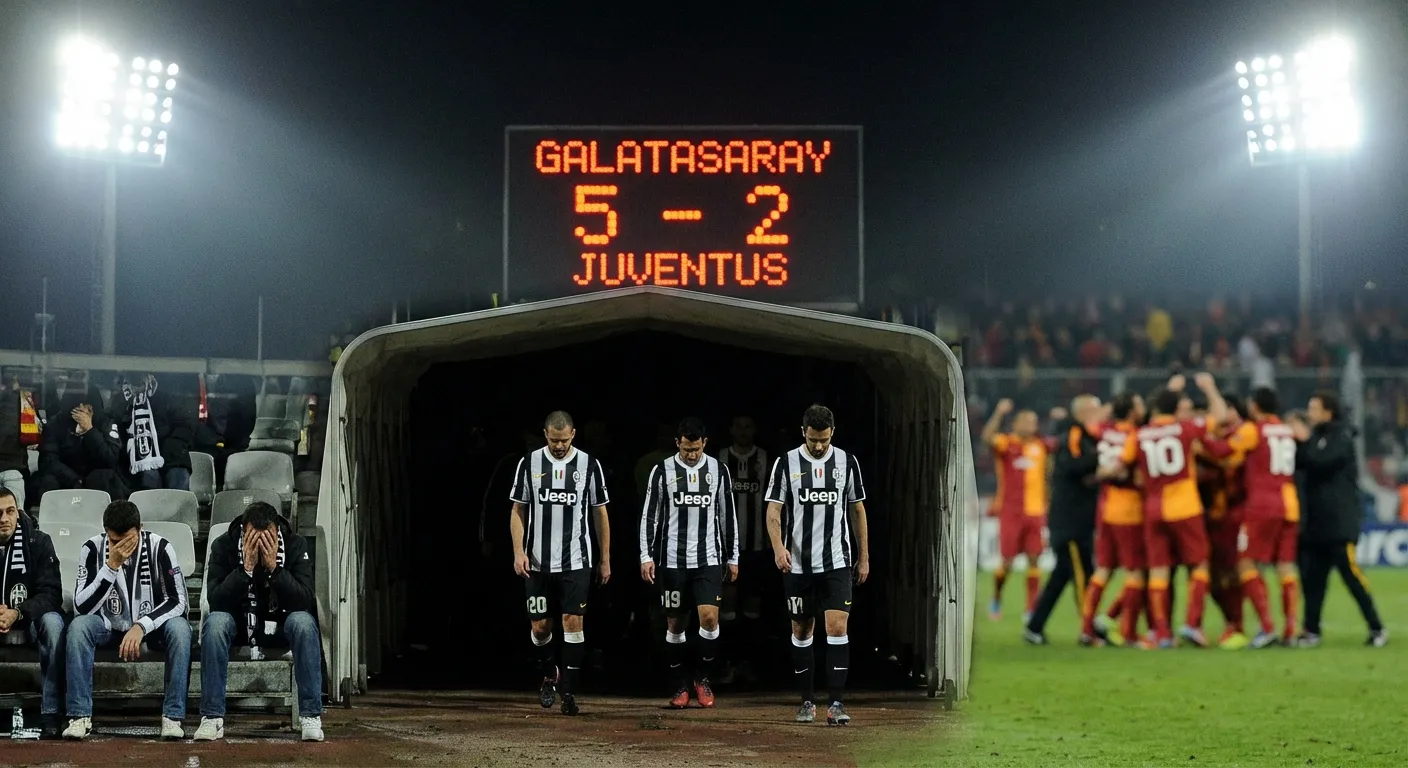 Dejected Juventus players walking off the pitch after a heavy Champions League defeat