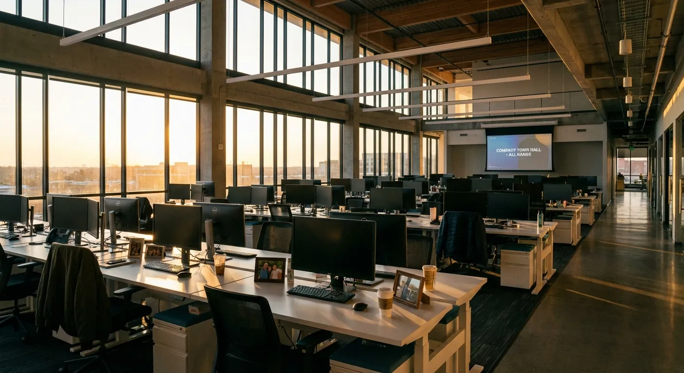Empty office desks with computer monitors in modern tech company workspace