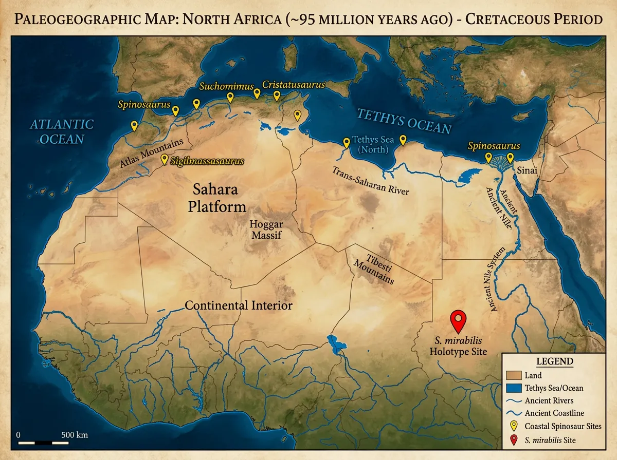 A map of ancient Africa showing inland river systems and spinosaur discovery locations
