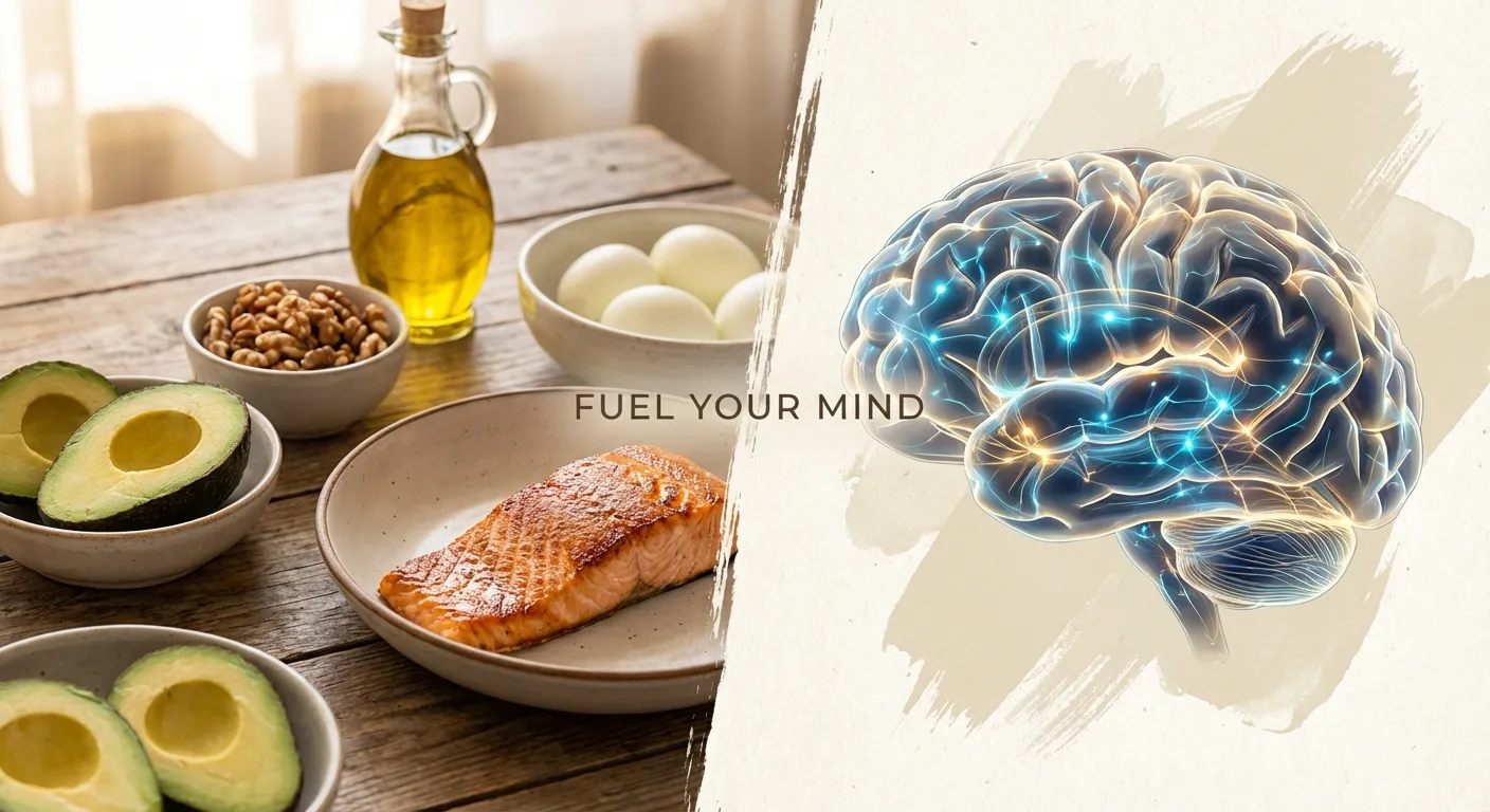 Ketogenic foods like avocado, salmon, nuts and eggs arranged beside brain health visualization
