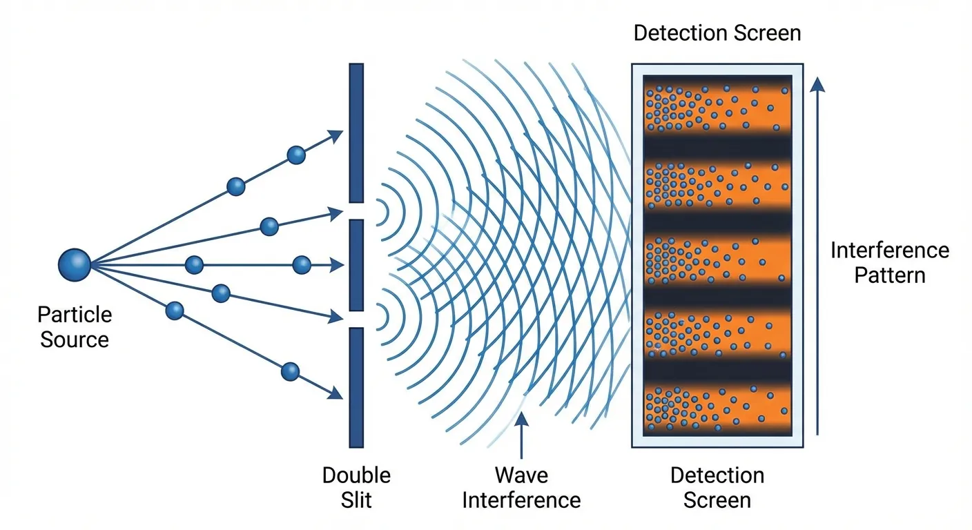 Double-slit experiment diagram showing particle beam creating interference pattern