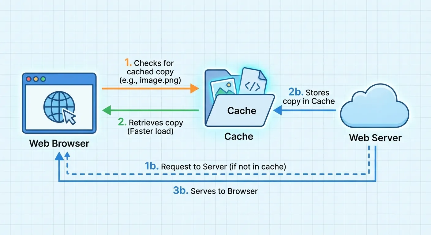 Diagram showing how browser cache stores and retrieves website files