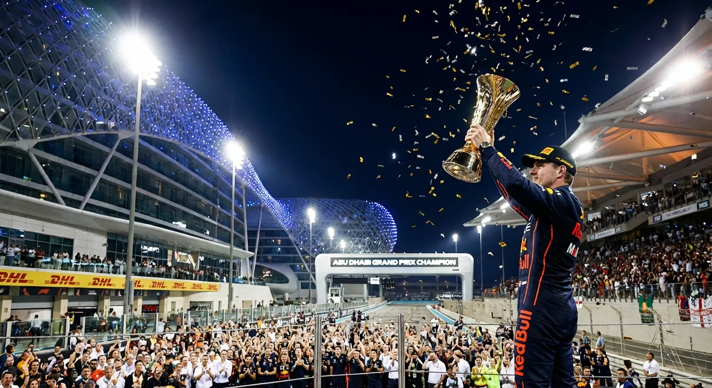 Formula 1 championship trophy presentation ceremony under Abu Dhabi floodlights