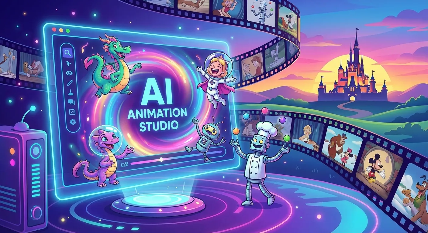 AI-generated animation scene with colorful Disney-style characters