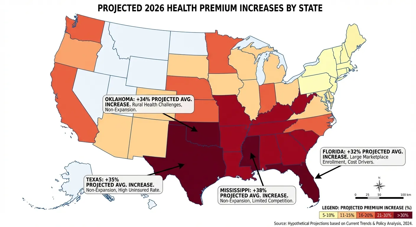 Map of United States showing projected premium increases by state