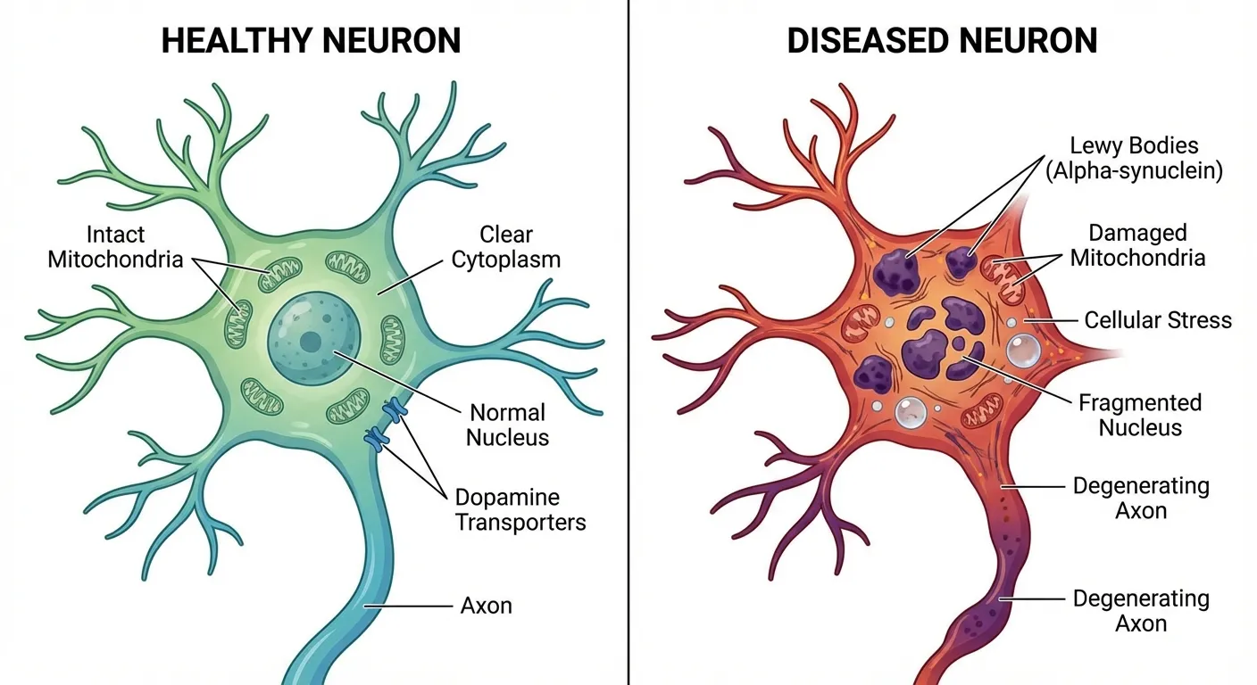 Comparison of healthy neurons versus neurons affected by Parkinson's disease showing protein clumps