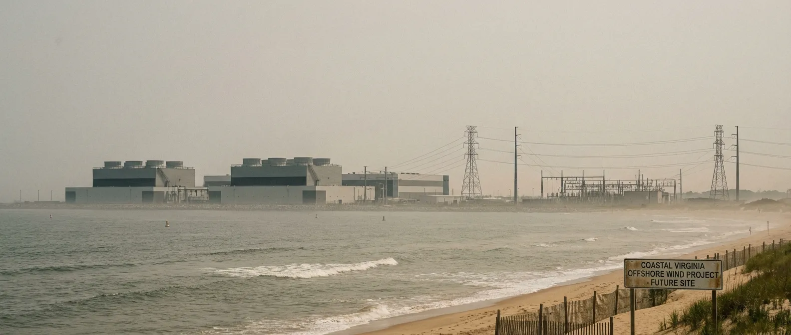 Virginia Beach shoreline with data center buildings visible and offshore area where wind farm was planned