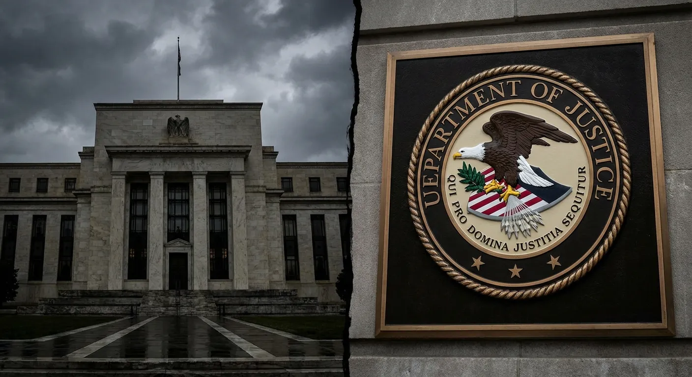 Federal Reserve building facade with Department of Justice seal overlay representing investigation
