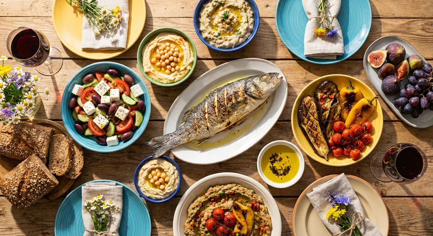 Traditional Mediterranean meal with olive oil, fish, vegetables, and whole grains