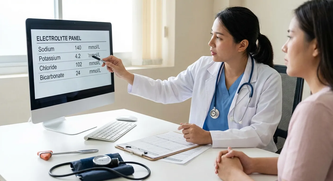 Medical professional reviewing blood test results with electrolyte panel visible on screen