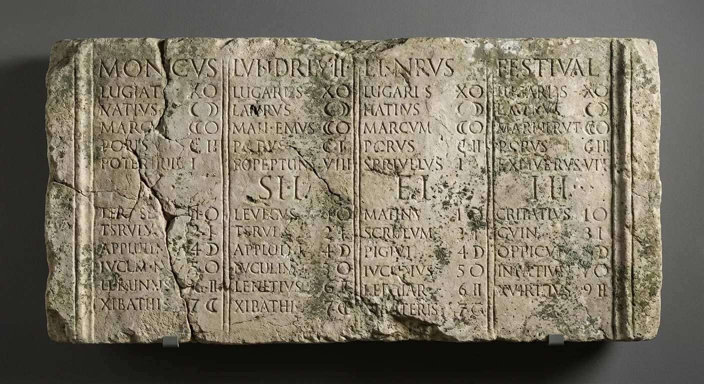 Ancient Roman stone calendar showing months and festivals