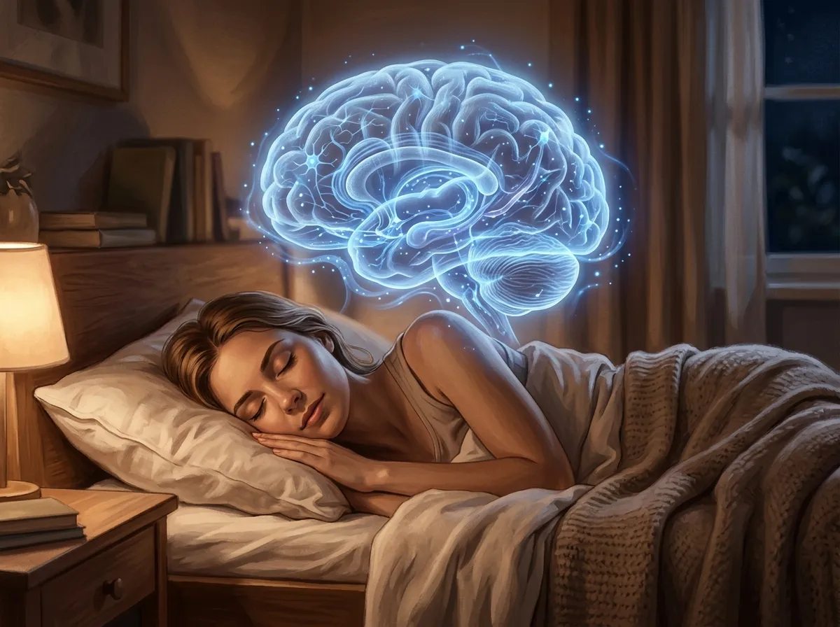 Peaceful sleeping person with softly glowing brain illustration showing waste clearance during sleep