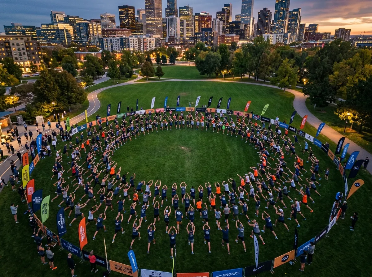 Runners gathered in a park stretching together in a large circle with run club banners visible