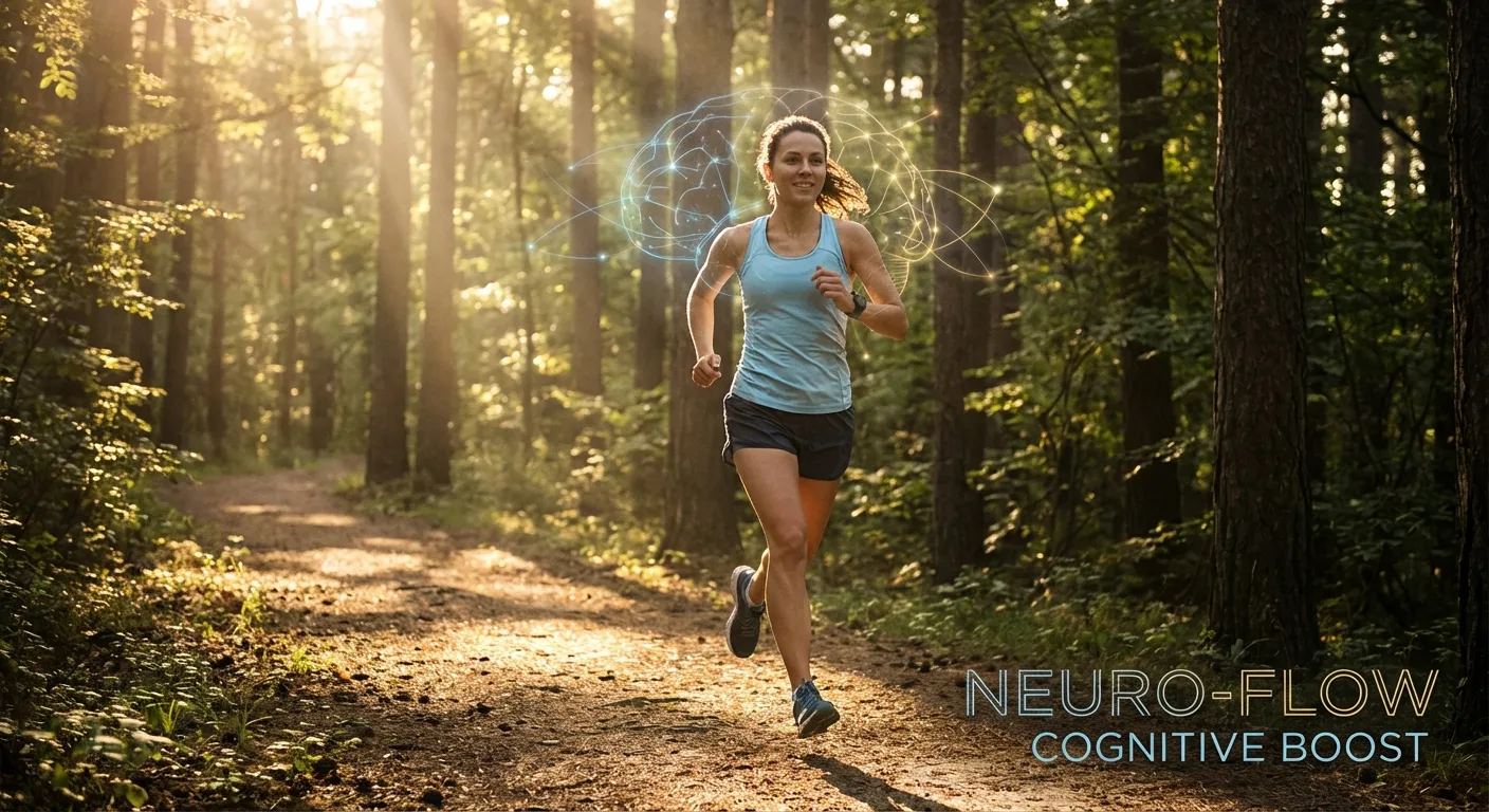 Person jogging on a forest trail with artistic visualization of neural activity in the brain