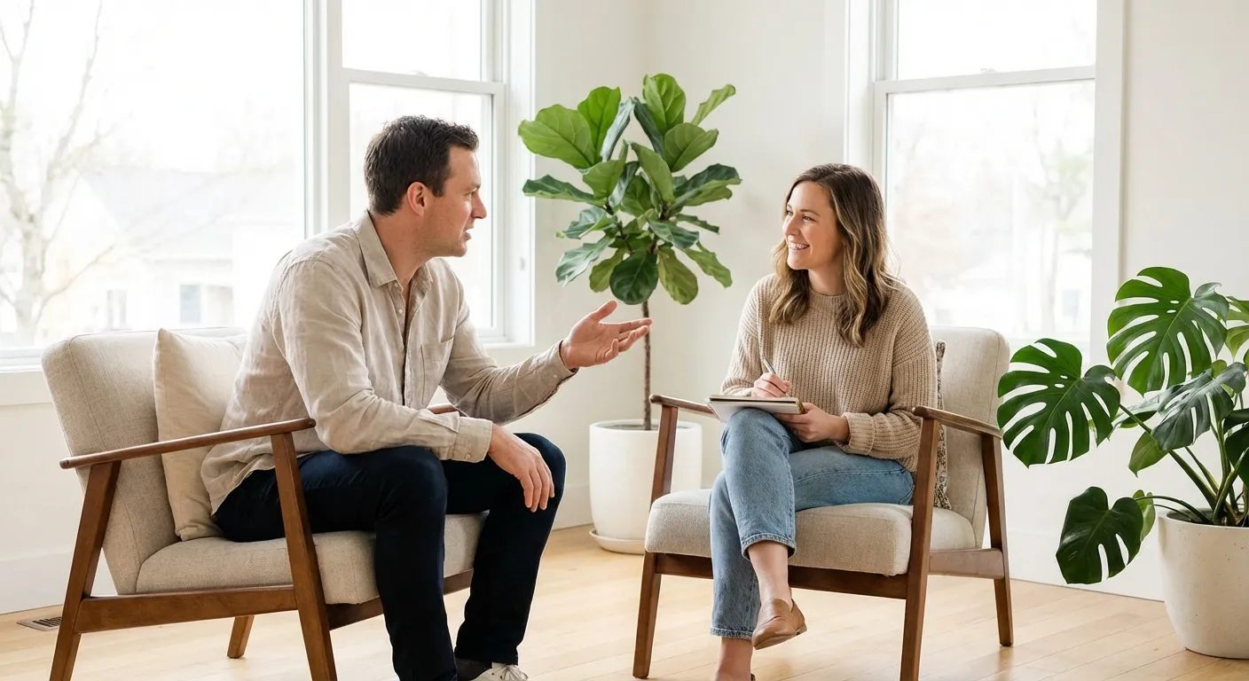 Two people in conversation, one taking notes while listening thoughtfully