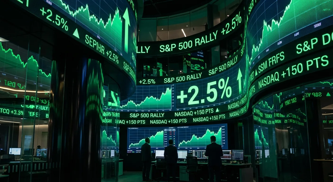 Stock market trading floor with digital displays showing rising indices