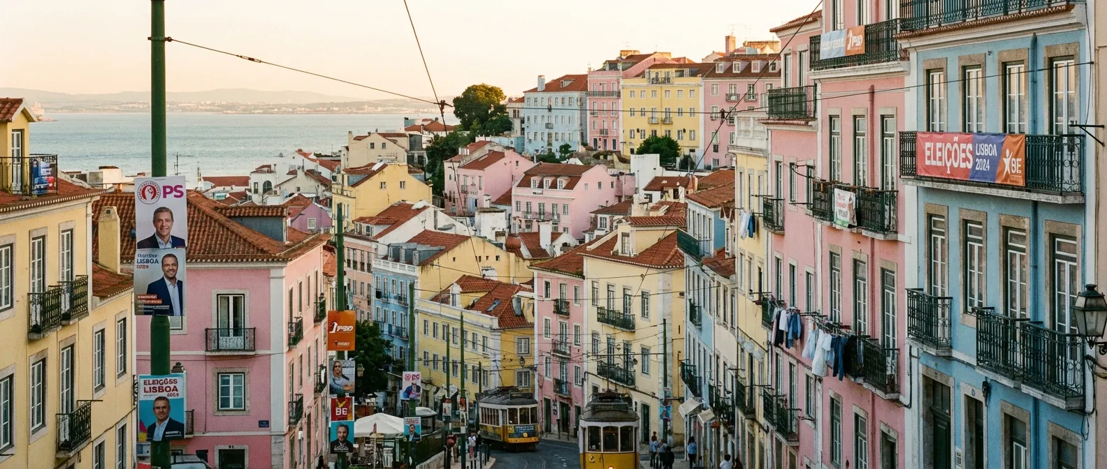 Lisbon cityscape with political campaign posters visible on buildings