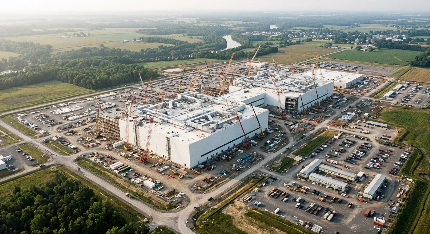 Aerial view of a massive semiconductor fabrication facility under construction