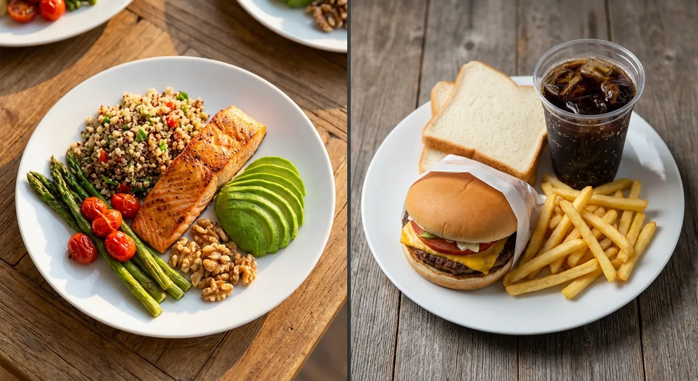 Split-screen comparing healthy whole food plate versus processed food plate illustrating diet quality