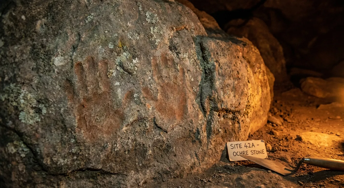 Ancient stone with red ochre fingerprint markings in warm cave lighting