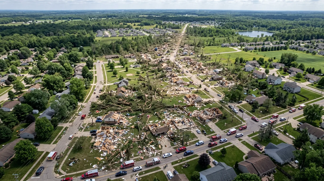 Destroyed homes and debris scattered across a Michigan neighborhood after tornado