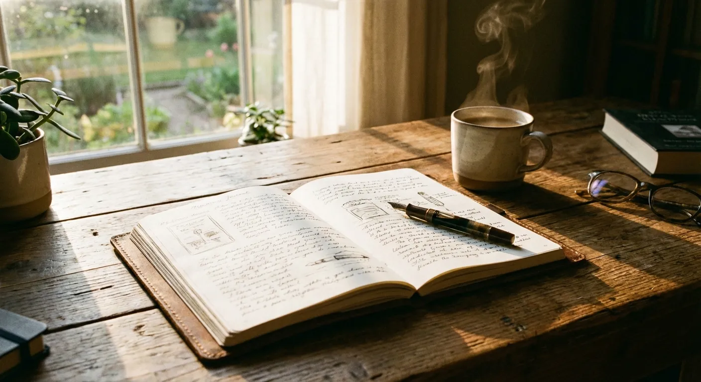 Open journal on wooden desk with pen, coffee cup, and morning light streaming through window