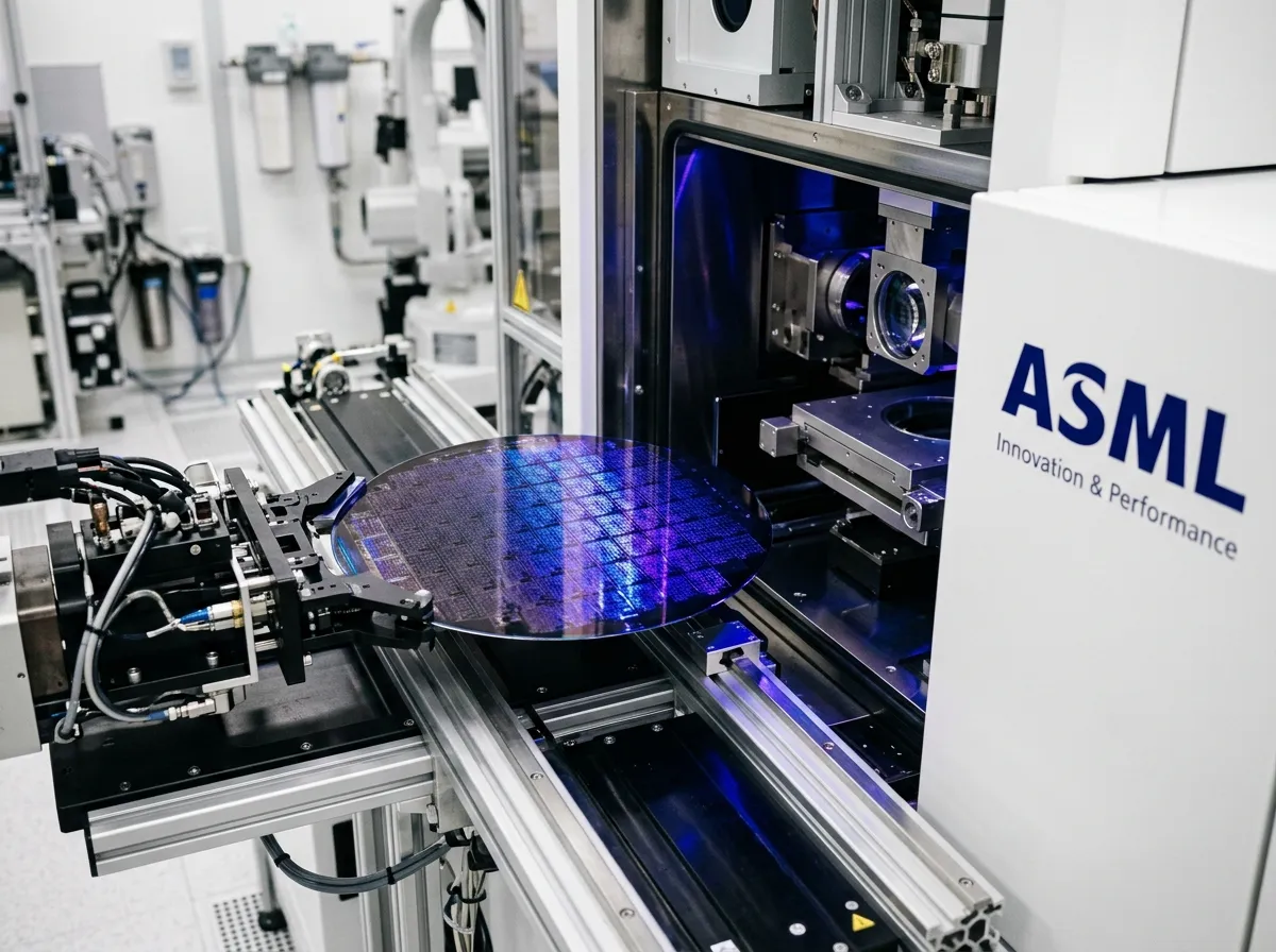 Close-up of a silicon wafer being loaded into a lithography machine with blue laser light