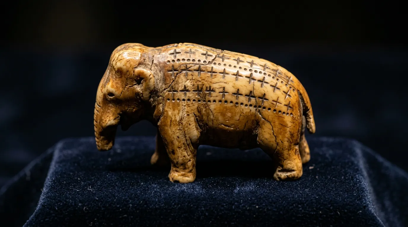 Small ivory mammoth figurine covered in rows of carved crosses and dots from Ice Age Germany