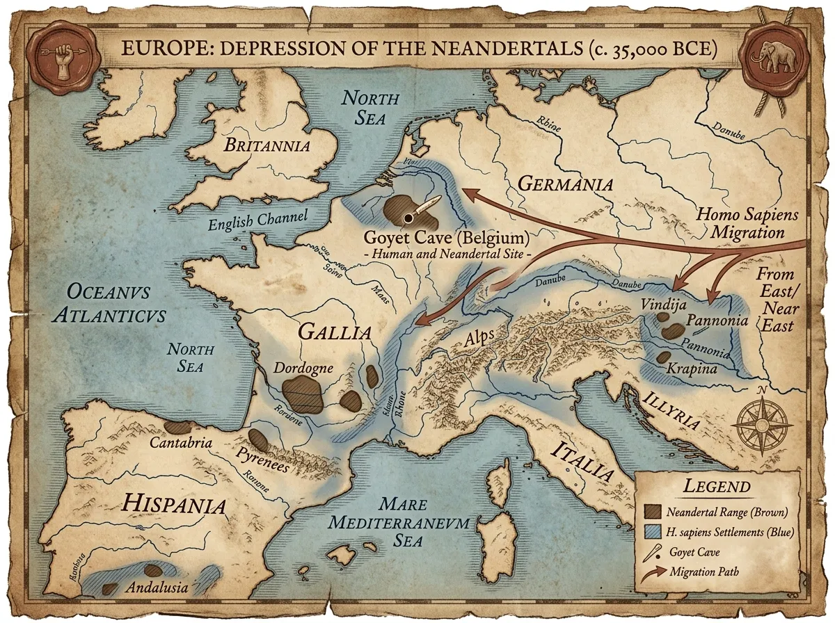An illustrated map of western Europe showing fragmented Neandertal territory around 42000 years ago