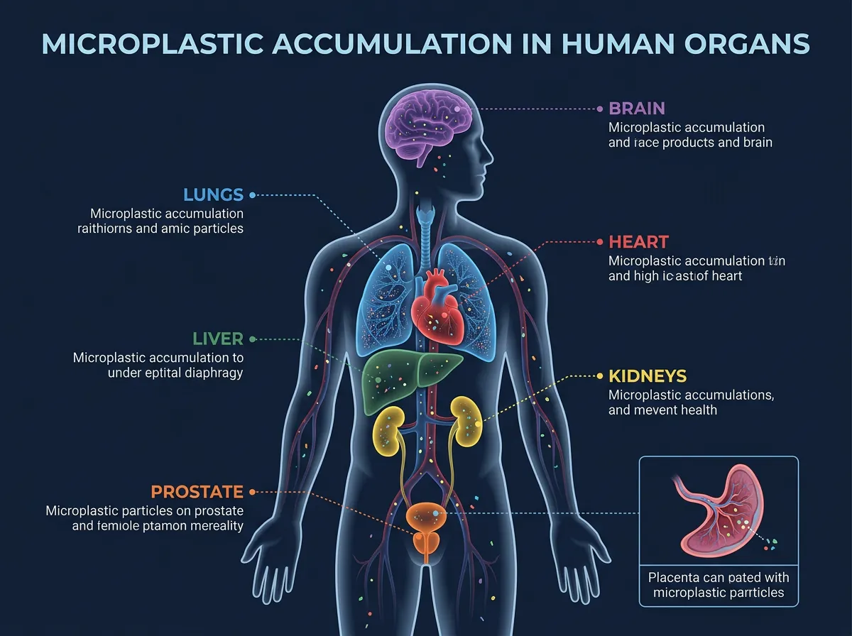 Human body outline showing organs where microplastics have been detected highlighted in color