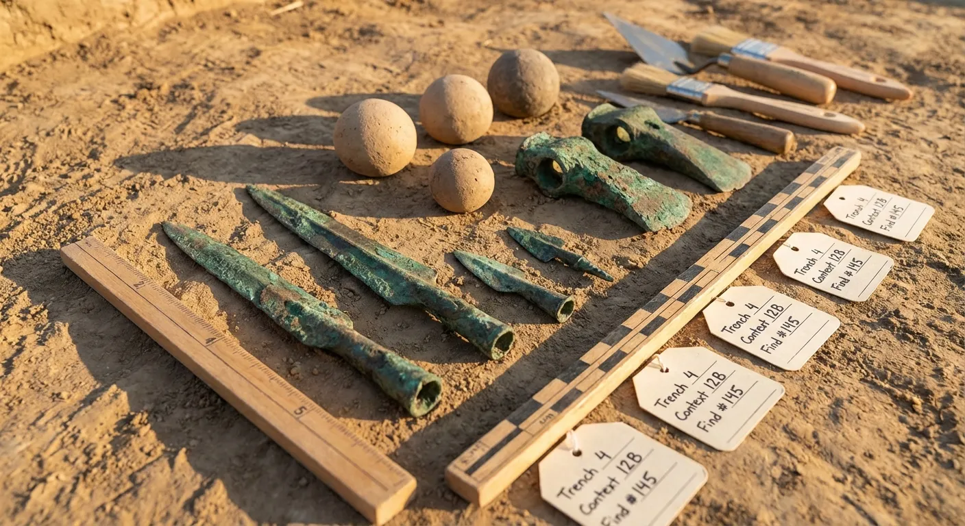 Ancient clay sling stones and bronze arrowheads arranged on an archaeological excavation surface