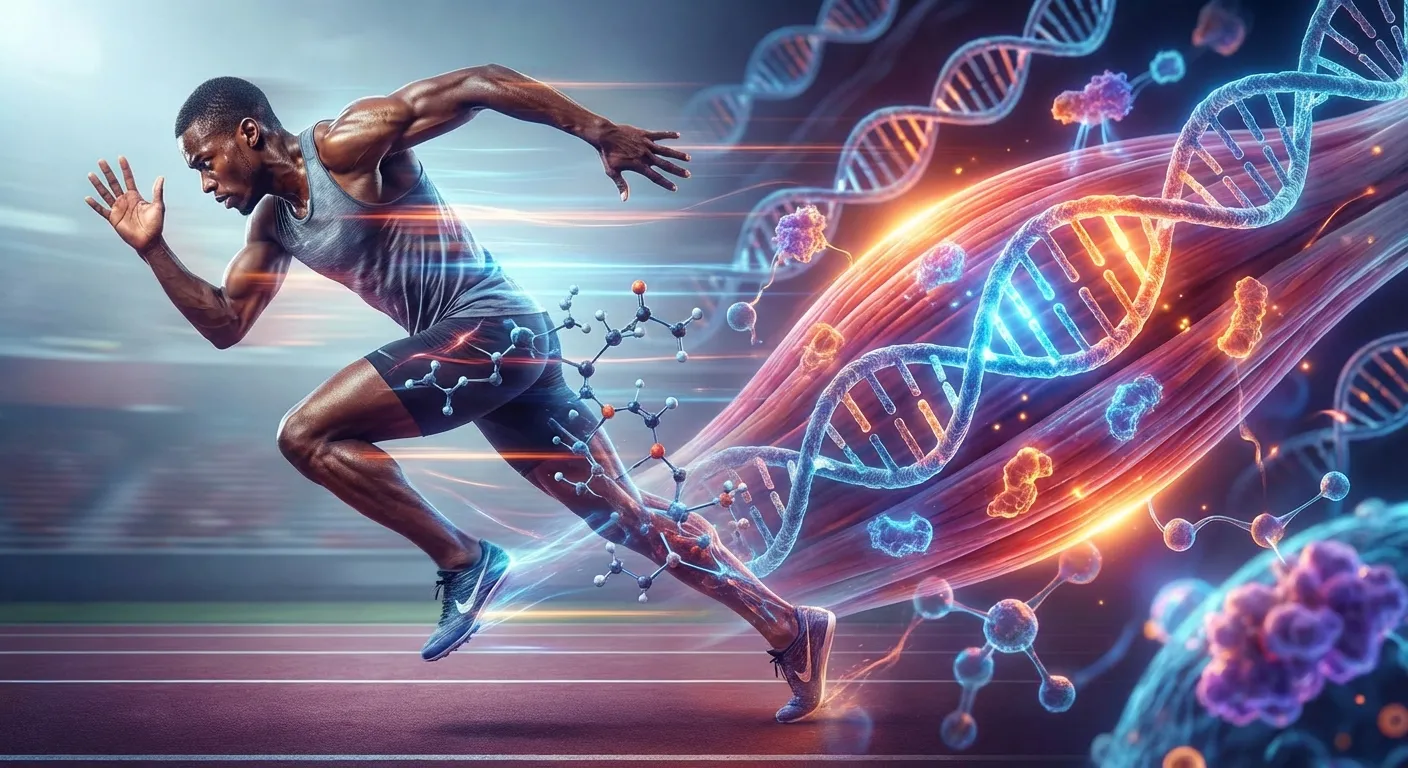 Person exercising with abstract visualization of genes being activated in muscle tissue