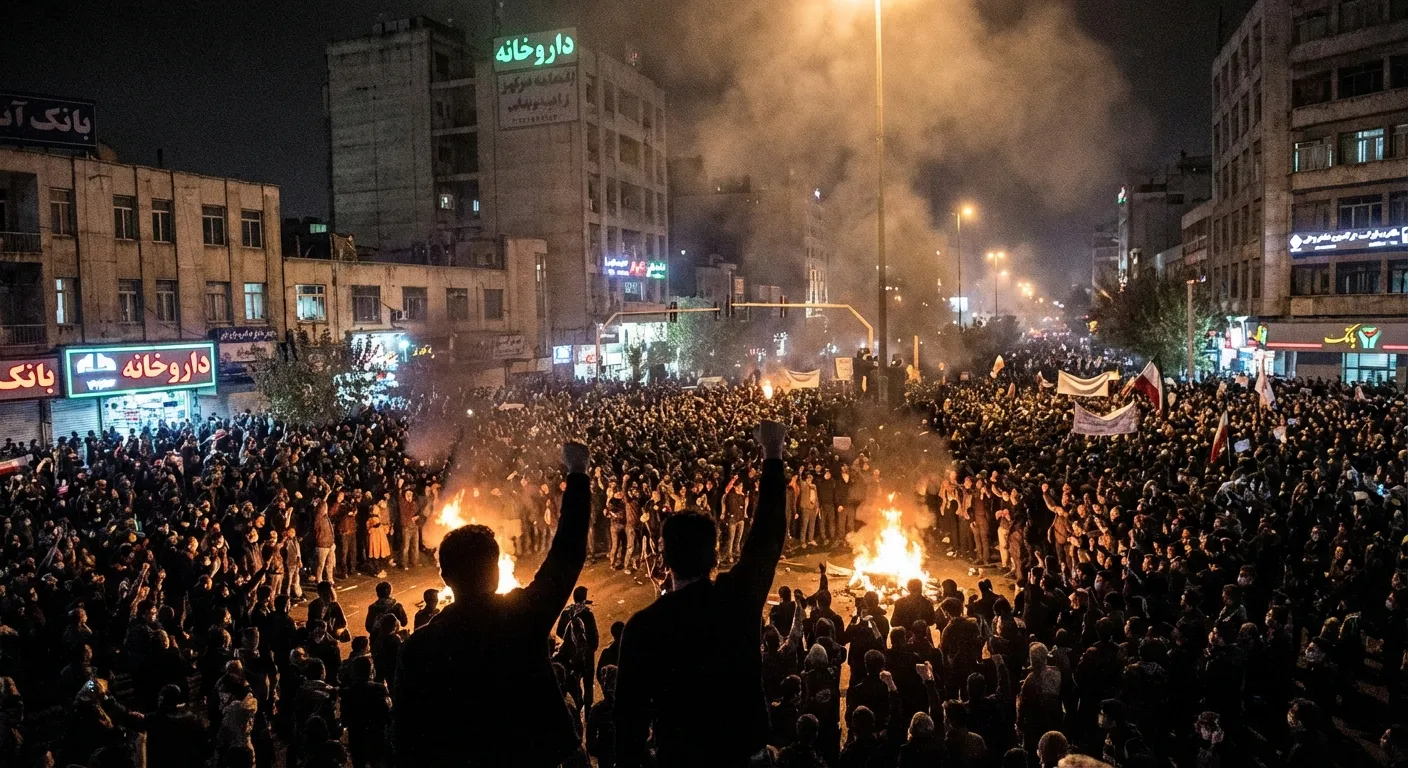 Crowds of protesters filling a major Iranian city street at night with fires burning