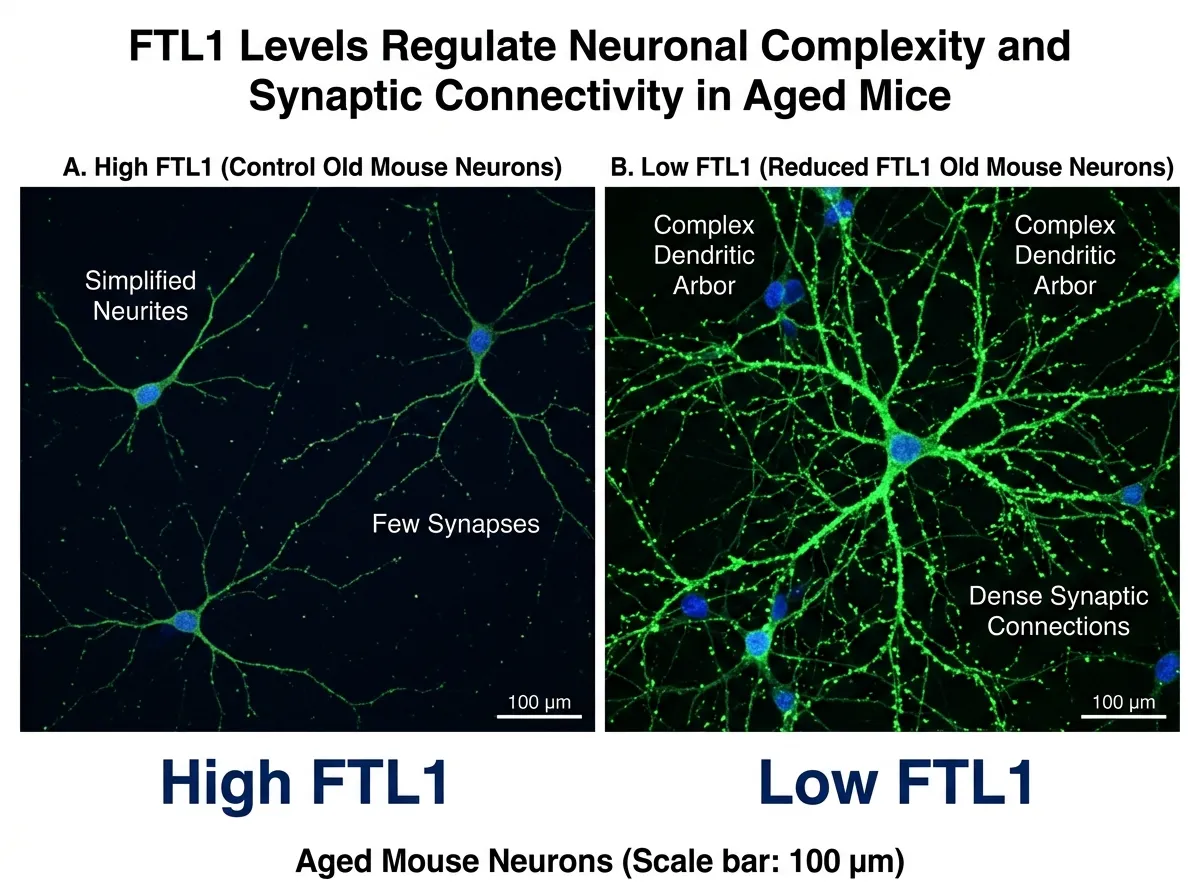 Side-by-side comparison of neuron branching in old mice with high and reduced FTL1 levels
