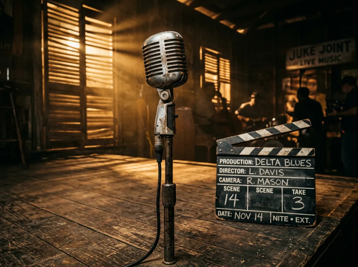 Film clapperboard and vintage microphone evoking 1930s Mississippi juke joint
