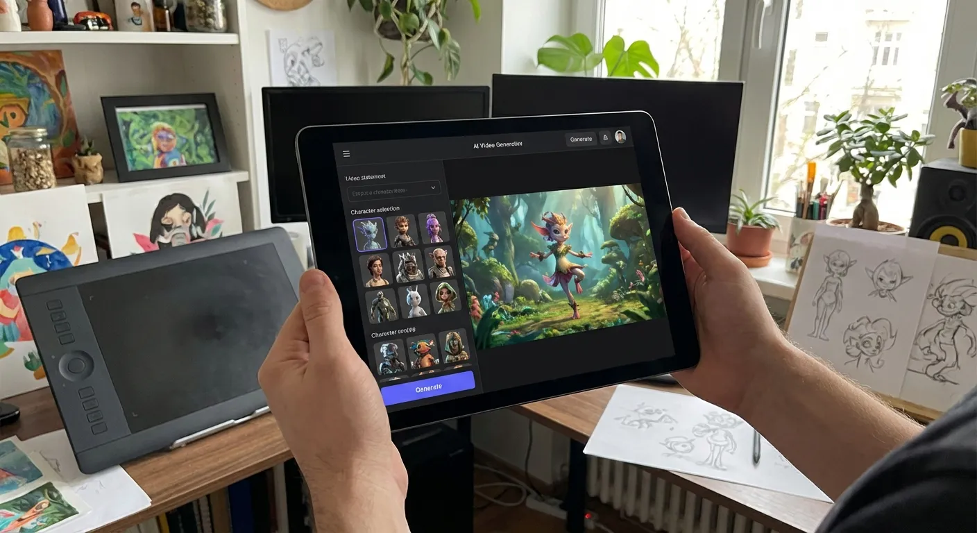 Person using tablet to generate AI video content with character selection menu