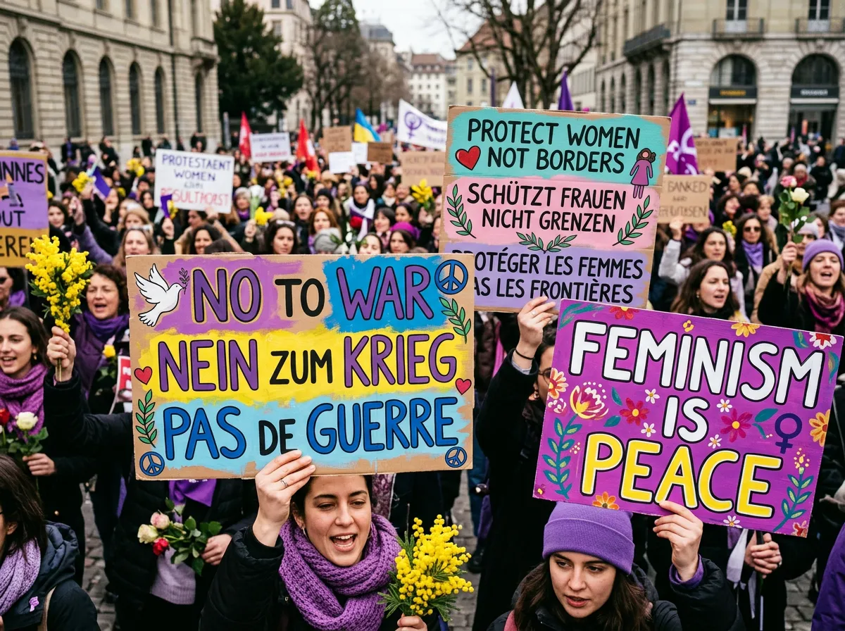 Protest signs reading No to War and feminist anti-war slogans in multiple languages