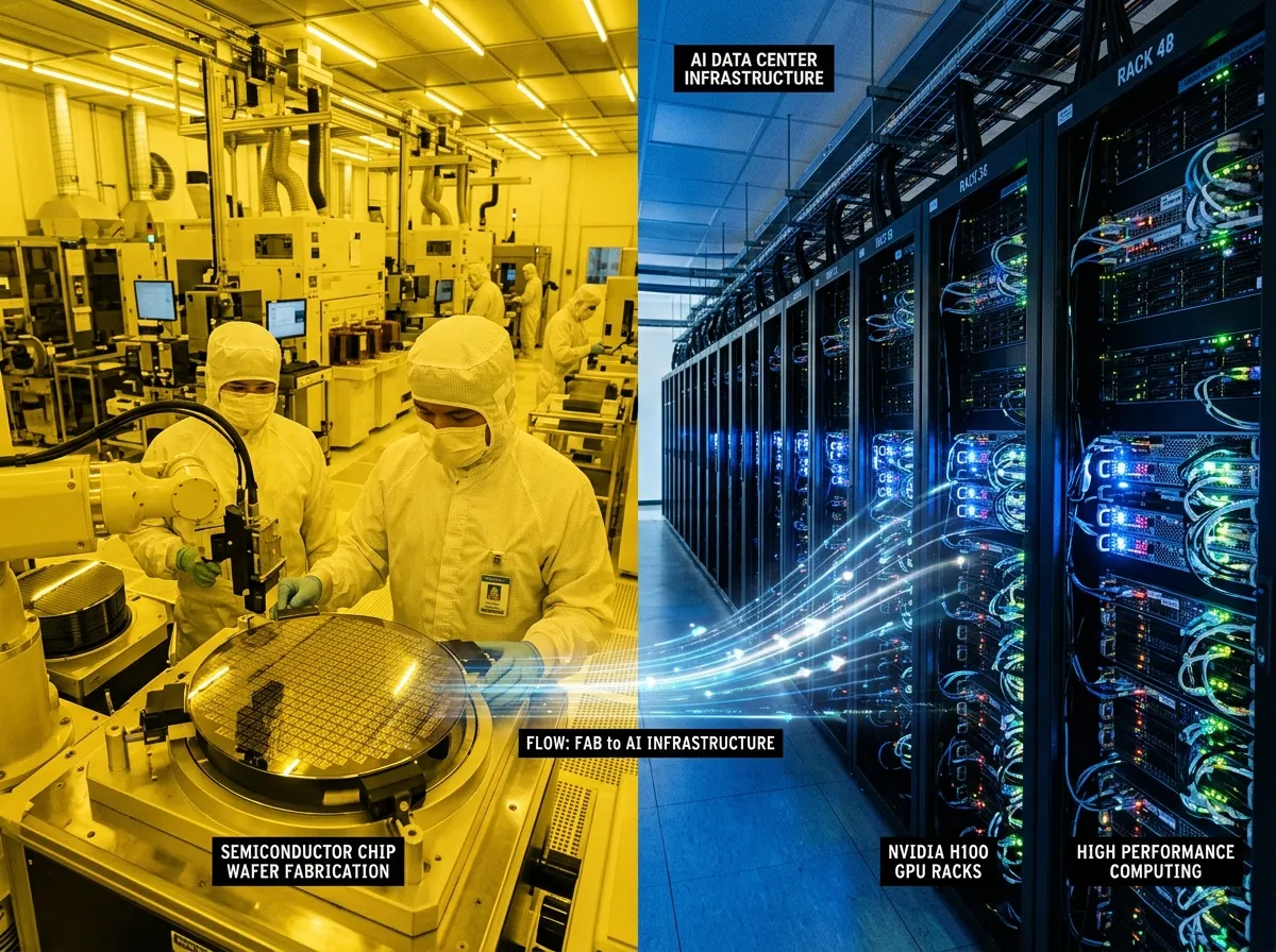 Memory chip wafers in a fabrication facility with data center servers visible in the background