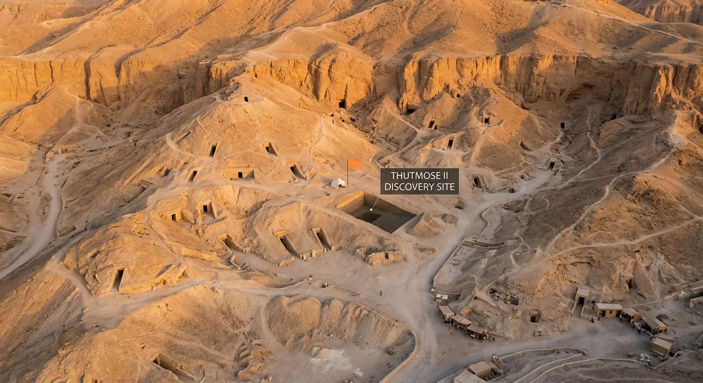 Aerial view of Valley of the Kings showing multiple tomb entrances dotted across barren hills