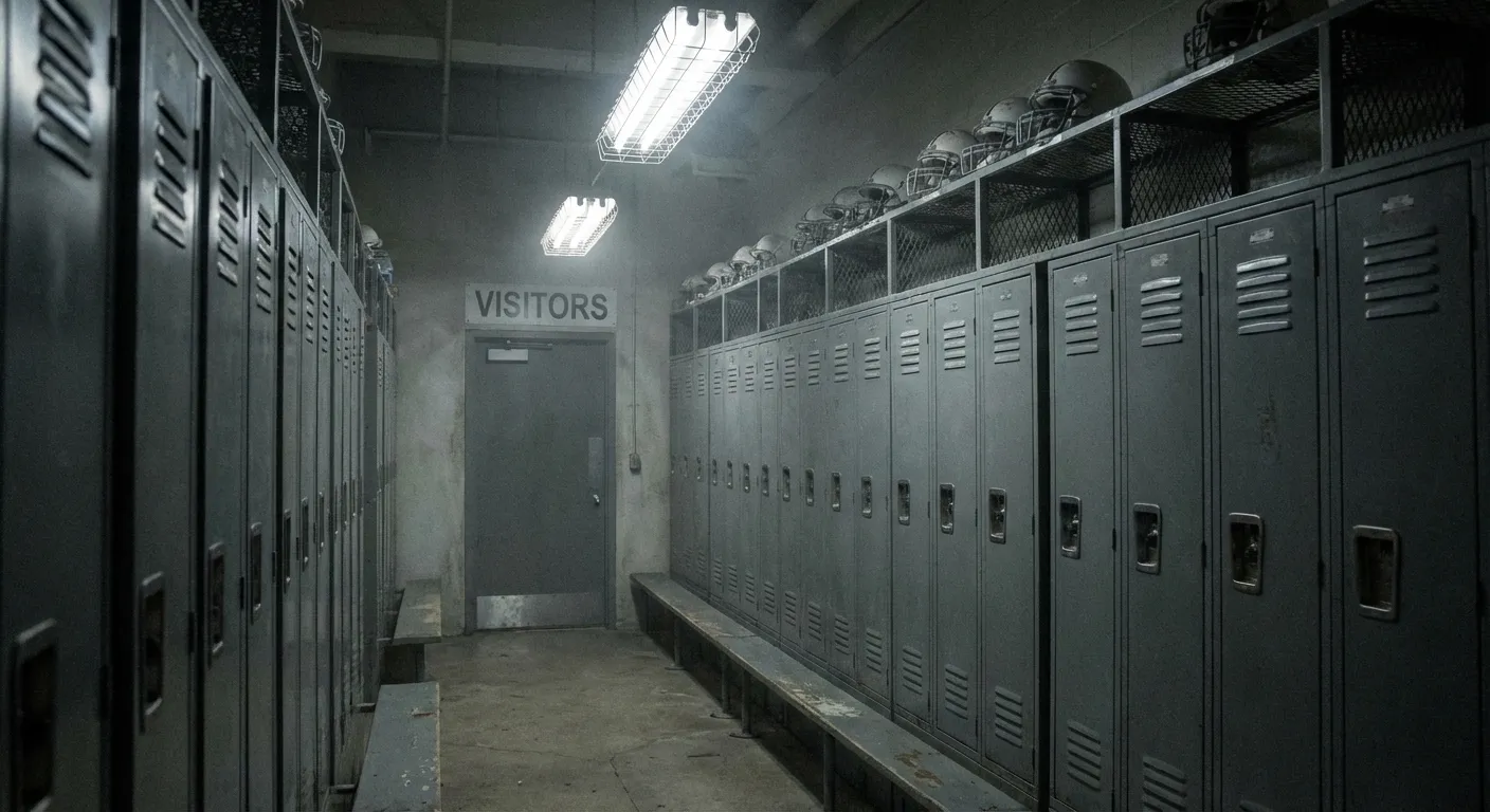 Empty visitor locker room in NFL stadium emphasizing the road team disadvantage