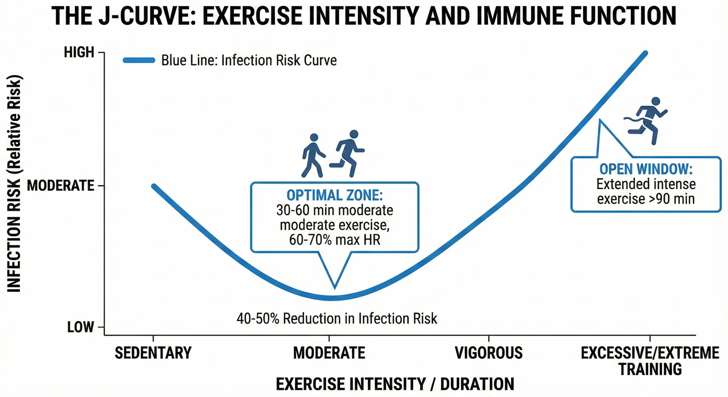 J-curve graph showing relationship between exercise intensity and immune function