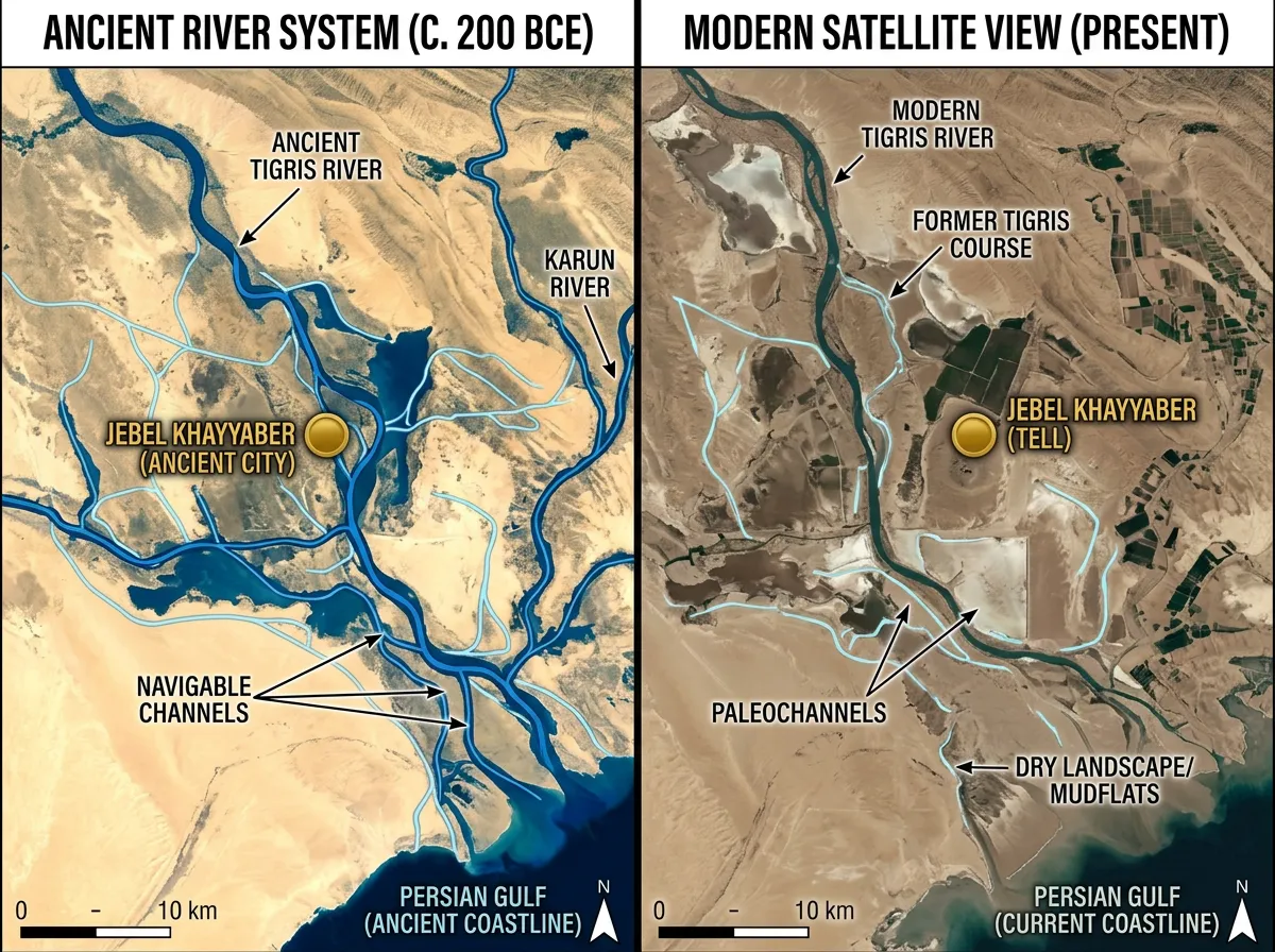 Satellite comparison showing ancient river channels versus modern river paths in southern Iraq