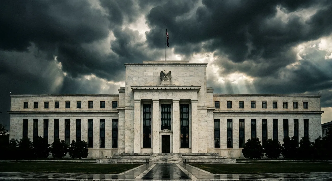 Federal Reserve building in Washington DC with storm clouds overhead