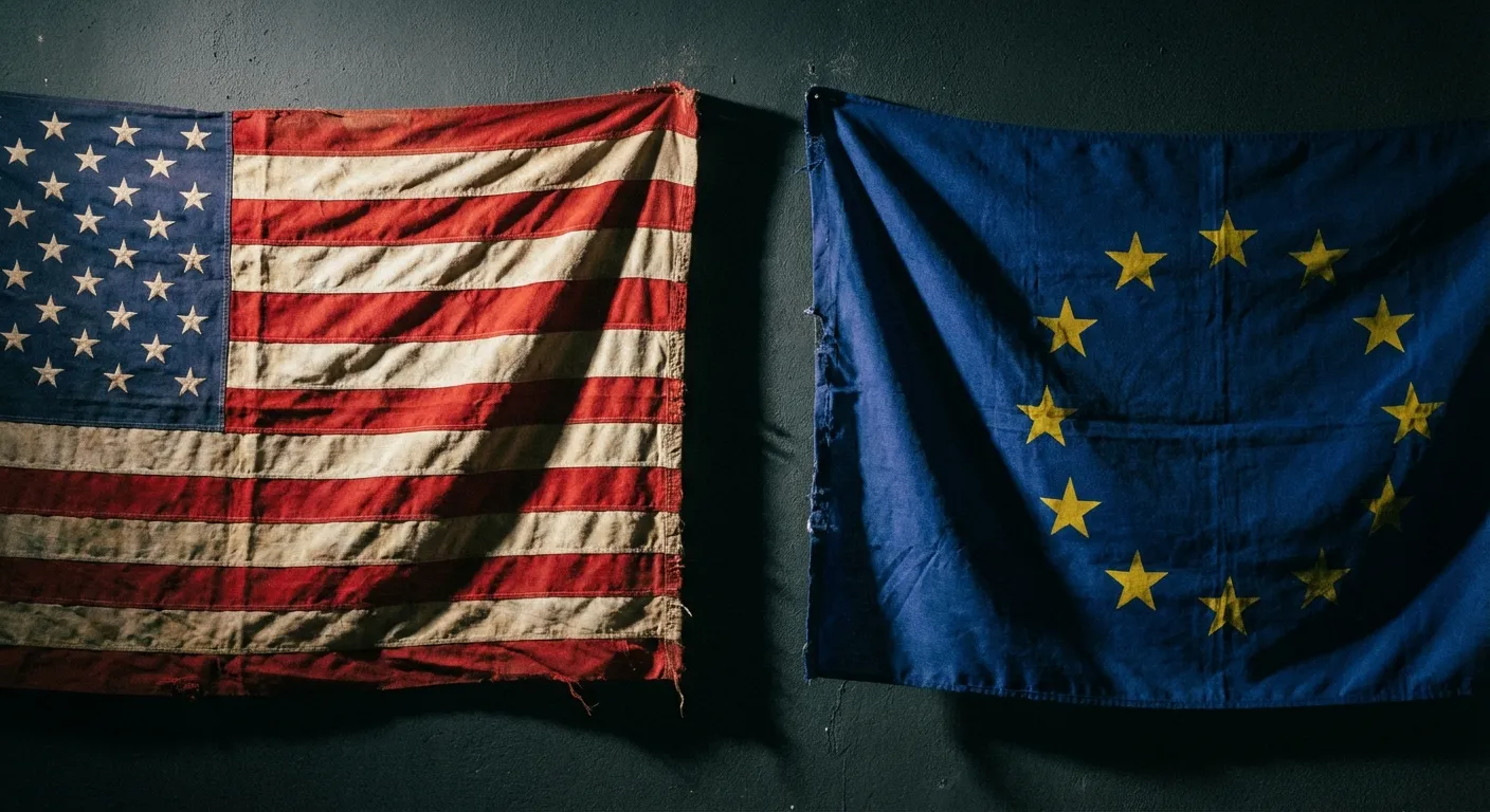 U.S. and European flags side by side with a visual sense of tension