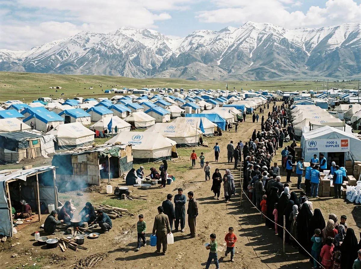 Makeshift shelters and tents in a northern Iranian field with mountains in the background