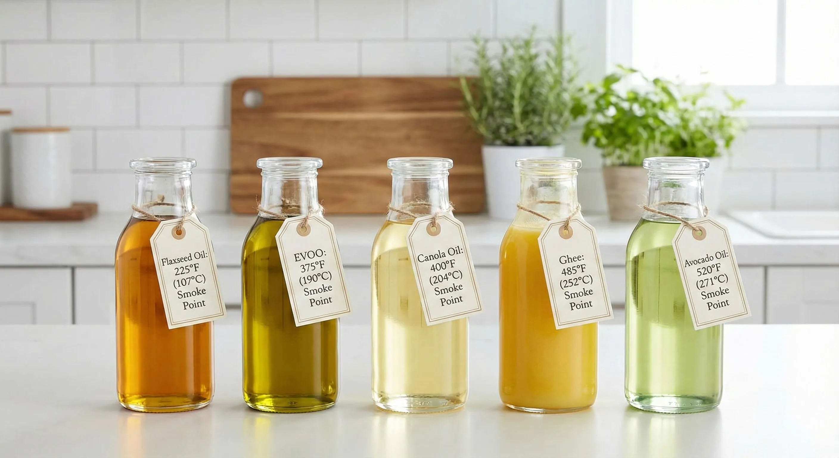 Various cooking oils arranged by smoke point from low to high